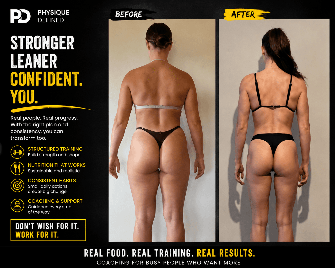 Before and after photos showing a woman's back transformation with increased muscle definition and tone.