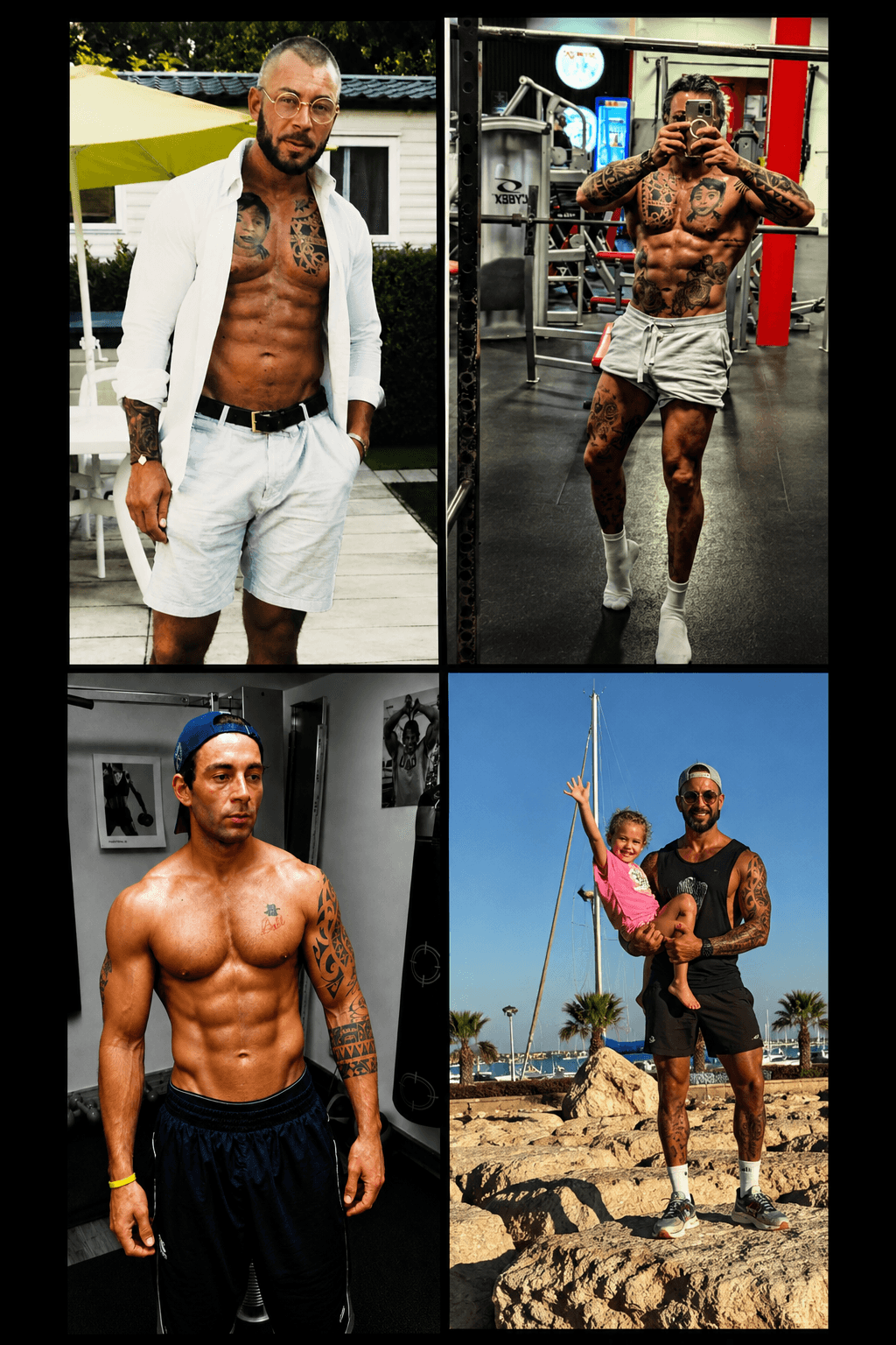 Collage of a muscular, tattooed man in gym and outdoor settings, including holding a child.