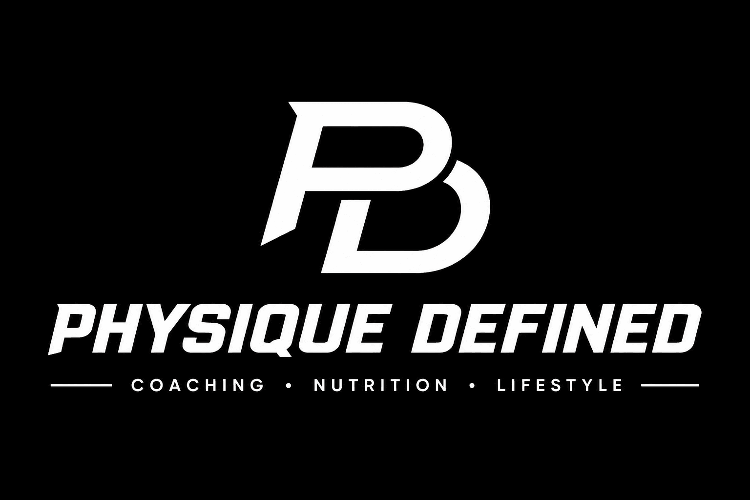 Physique Defined logo with PD monogram, coaching, nutrition, and lifestyle text on black background.