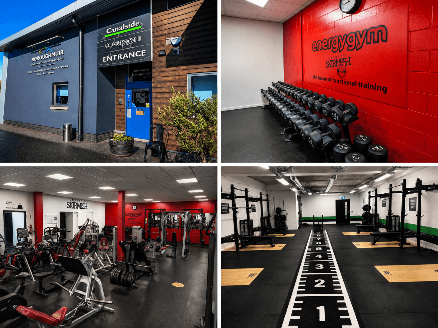 Collage showing Energy Gym's exterior entrance and interior weightlifting and functional training facilities.